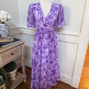 Topshop Purple Floral Wrap Midi Dress Short Puff Sleeve NWT US 4 F100004